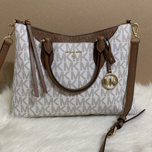 MICHAEL KORS AUSTEN Vanilla & Acorn Brown Leather Logo Satchel with XBody Strap - Picture 16 of 16